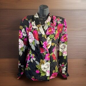 Vintage 100% Silk Wrap Top S Long Sleeve Black Bright Floral Whimsical Statement